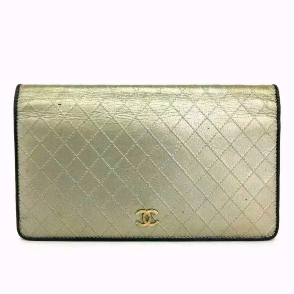 AUTH CHANEL LAMBSKIN LOGO LONG BIFOLD WALLET 8O789